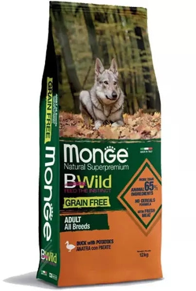 Monge BWild Grain Free All Breeds Adult Anatra con patate — sacco da 12 kg