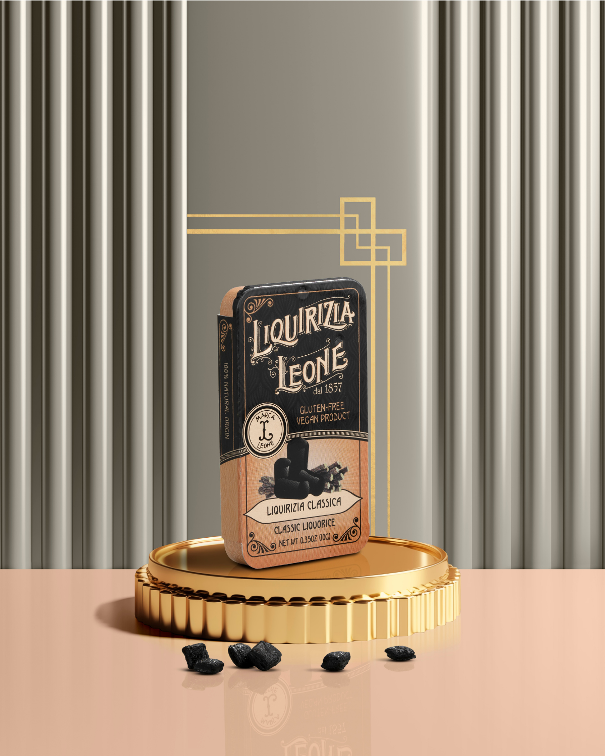 Lattina tascabile da 10 grammi di liquirizia classica Leone, scatolina nera e rame con tronchetti di liquirizia pura