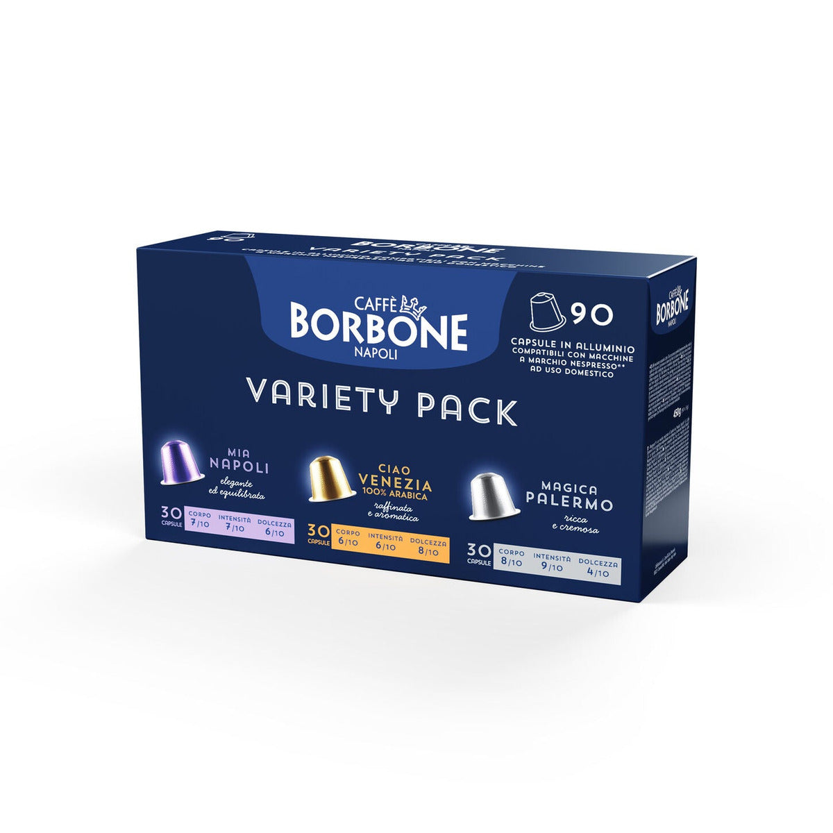 Kit degustazione Caffè Borbone Variety Pack: scatola con 90 capsule in alluminio compatibili Nespresso, 30 Mia Napoli, 30 Ciao Venezia e 30 Magica Palermo