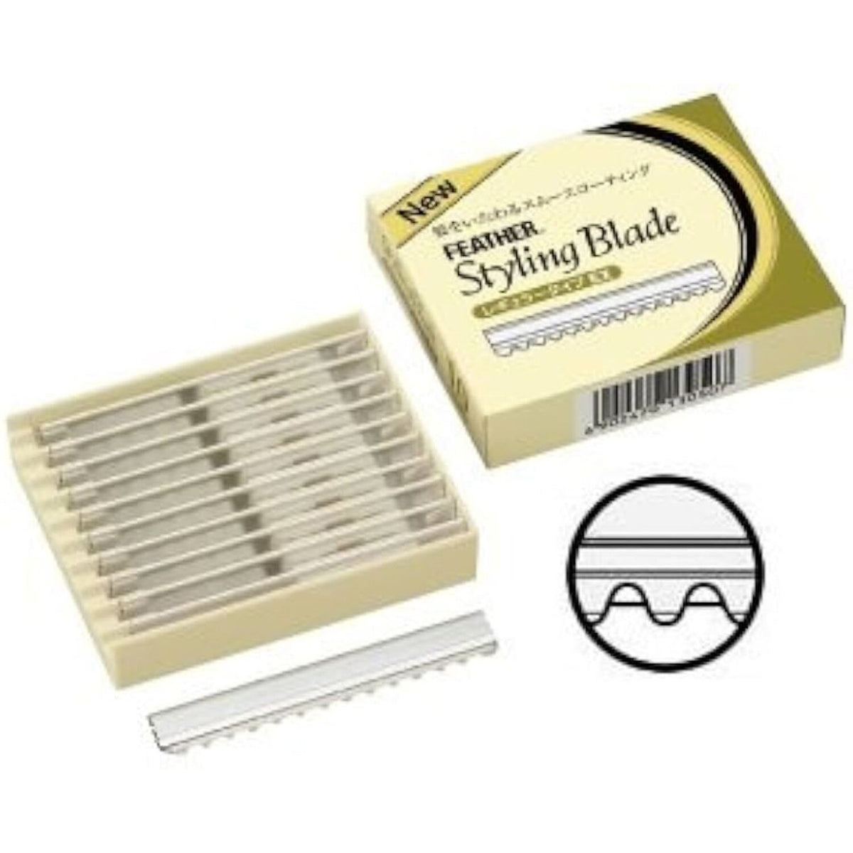 Dispenser Feather Styling Blade da 10 lame e dettaglio del pettine di protezione