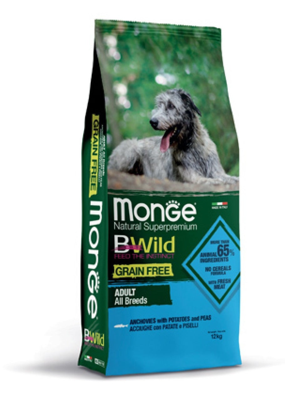 Monge BWild Grain Free All Breeds Adult Acciughe con patate e piselli — sacco da 12 kg