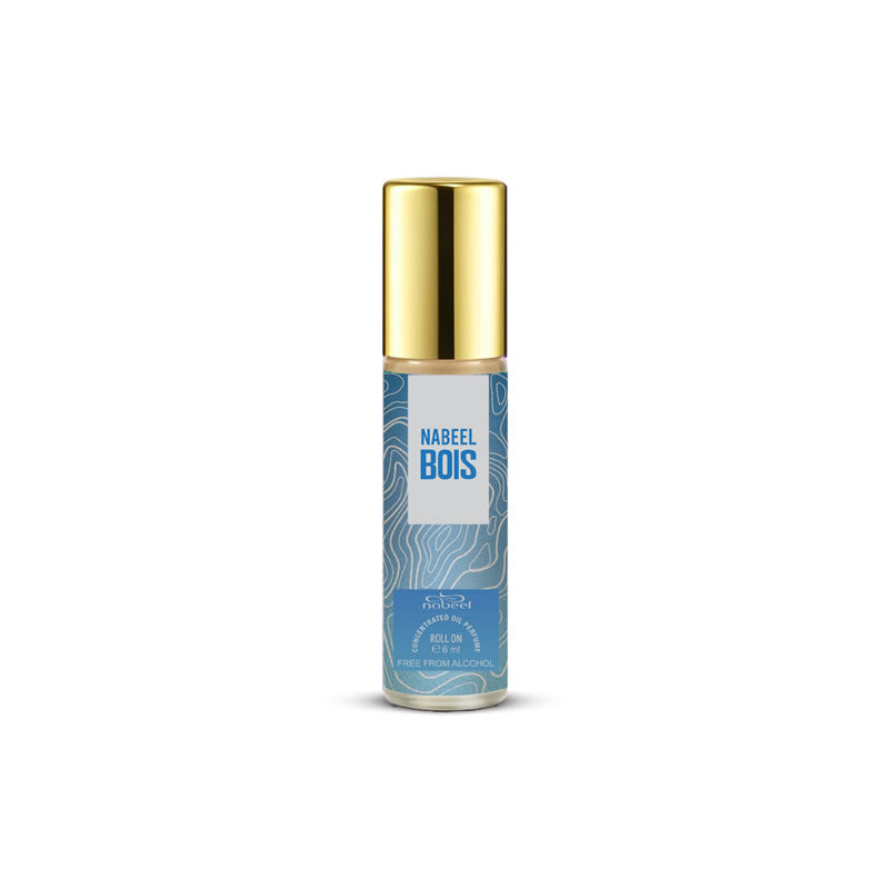 Nabeel Bois olio profumato roll-on 6 ml, flacone azzurro con tappo dorato