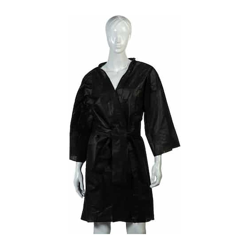 Kimono monouso Ro.ial in TNT nero con cintura, indossato su manichino