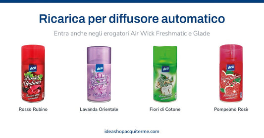 Quattro ricariche Dea Matic da 250 ml — Rosso Rubino, Lavanda Orientale, Fiori di Cotone e Pompelmo Rosè — compatibili con gli erogatori automatici Air Wick Freshmatic e Glade