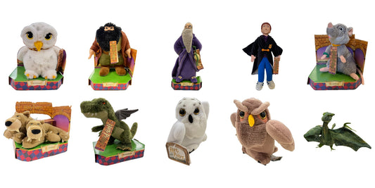 I dieci peluche Harry Potter Trudi del 2001: Edvige, Hagrid, Silente, Ron, Scabbers, Fuffi, Norberto e il gufo