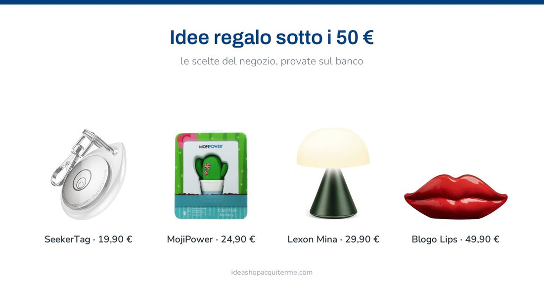 Quattro idee regalo sotto i 50 euro: SeekerTag, power bank MojiPower, lampada Lexon Mina e salvadanaio Blogo