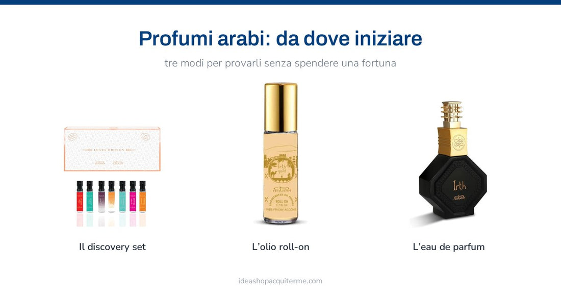 Tre modi per iniziare con i profumi arabi: discovery set, olio roll-on e eau de parfum Nabeel