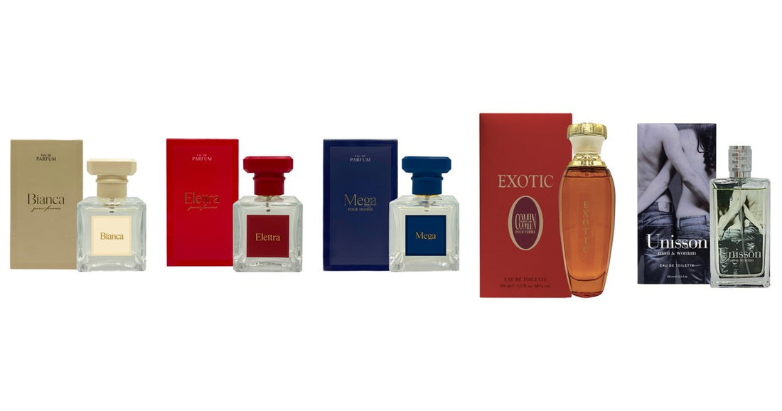 I cinque profumi Comin Parfum del negozio: Bianca, Elettra, Mega, Exotic e Unisson