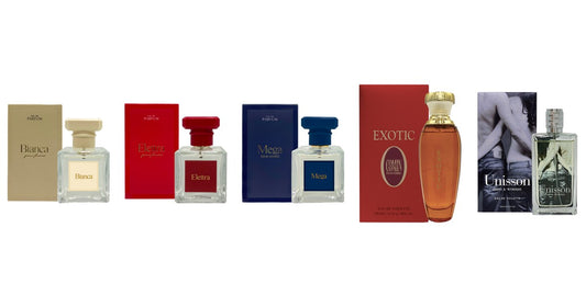 I cinque profumi Comin Parfum del negozio: Bianca, Elettra, Mega, Exotic e Unisson