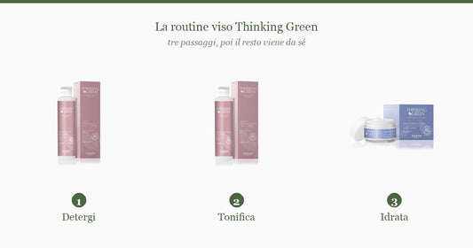 I tre passaggi della routine viso Thinking Green di Gabor: latte detergente, tonico e crema idratante