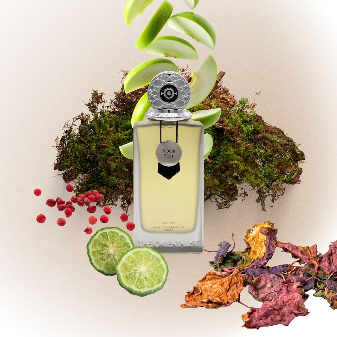 Noor Zest con le sue note: bergamotto, mela verde, patchouli e muschio di quercia