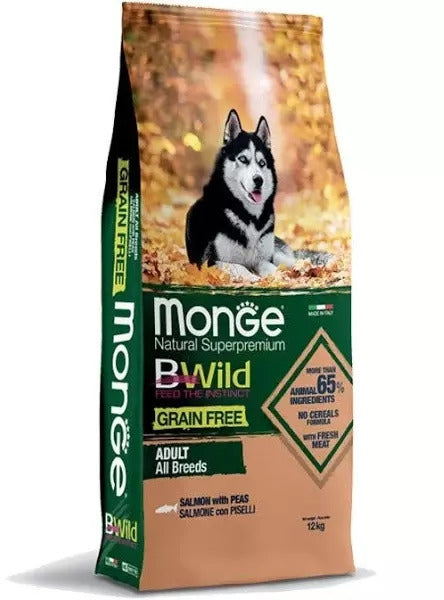 Monge BWild Grain Free All Breeds Adult Salmone con piselli — sacco da 12 kg