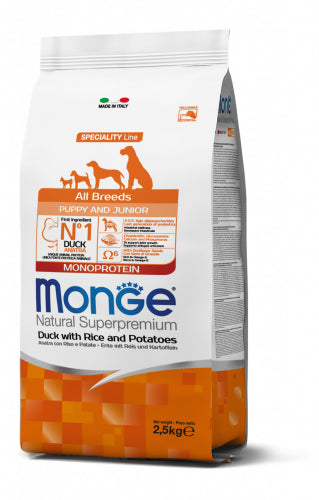 Monge Natural Superpremium All Breeds Puppy & Junior Monoprotein Anatra con Riso e Patate — sacco da 12 kg