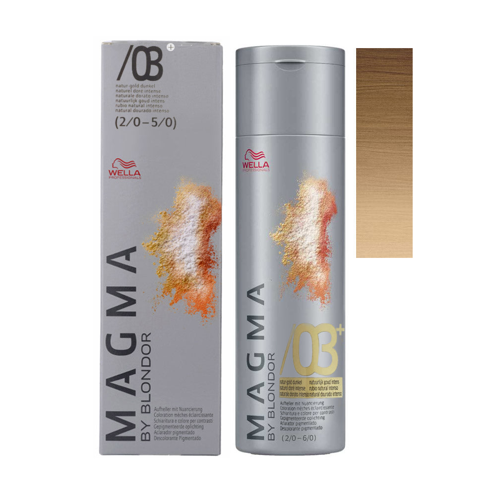 Wella Magma /03+ — barattolo 120 g, astuccio e ciocca colore