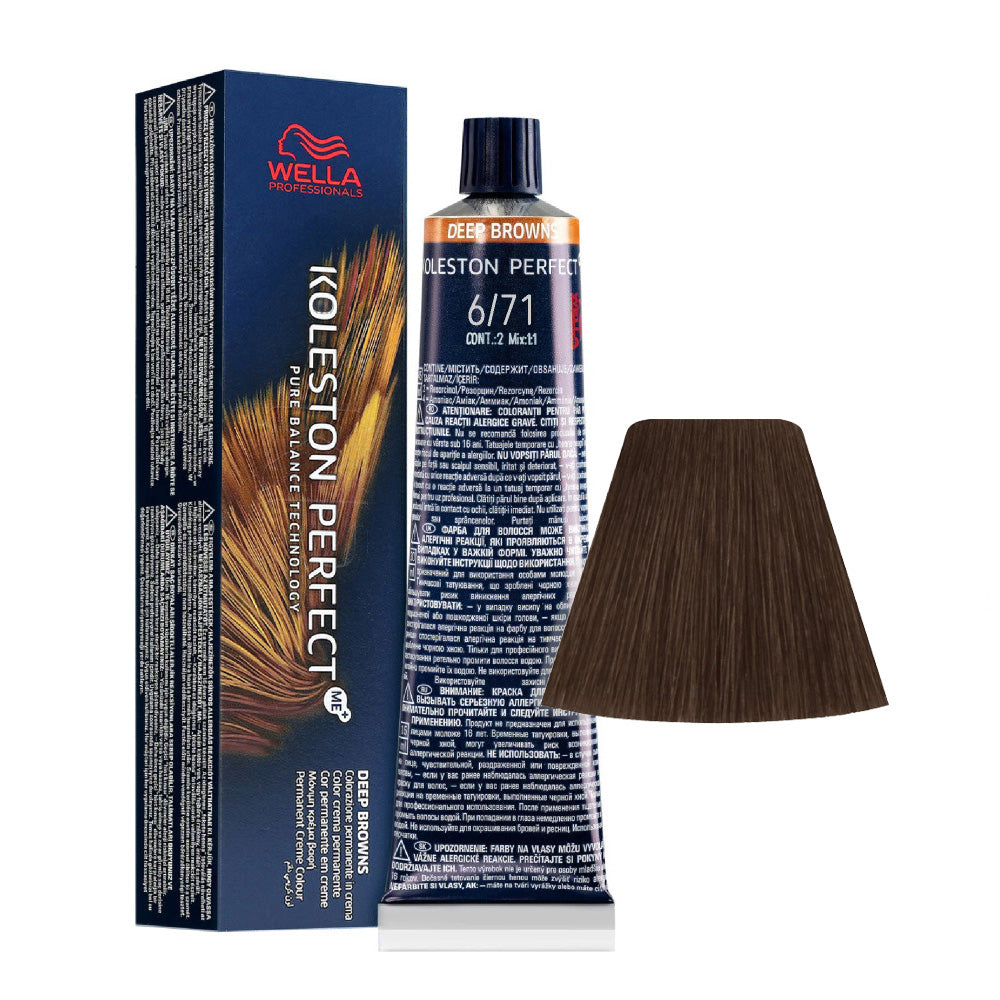 Koleston Perfect ME+ Deep Browns 6/71 — tubo 60 ml e ciocca colore