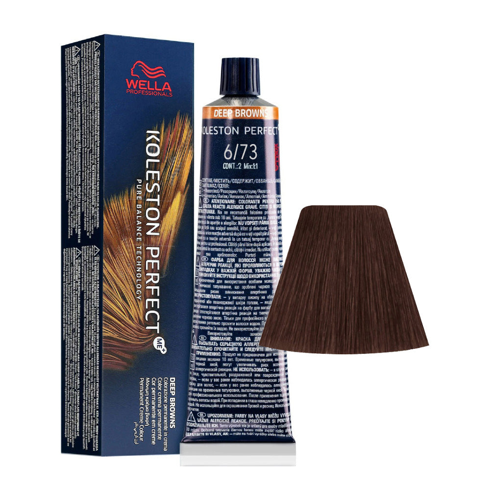 Koleston Perfect ME+ Deep Browns 6/73 — tubo 60 ml e ciocca colore