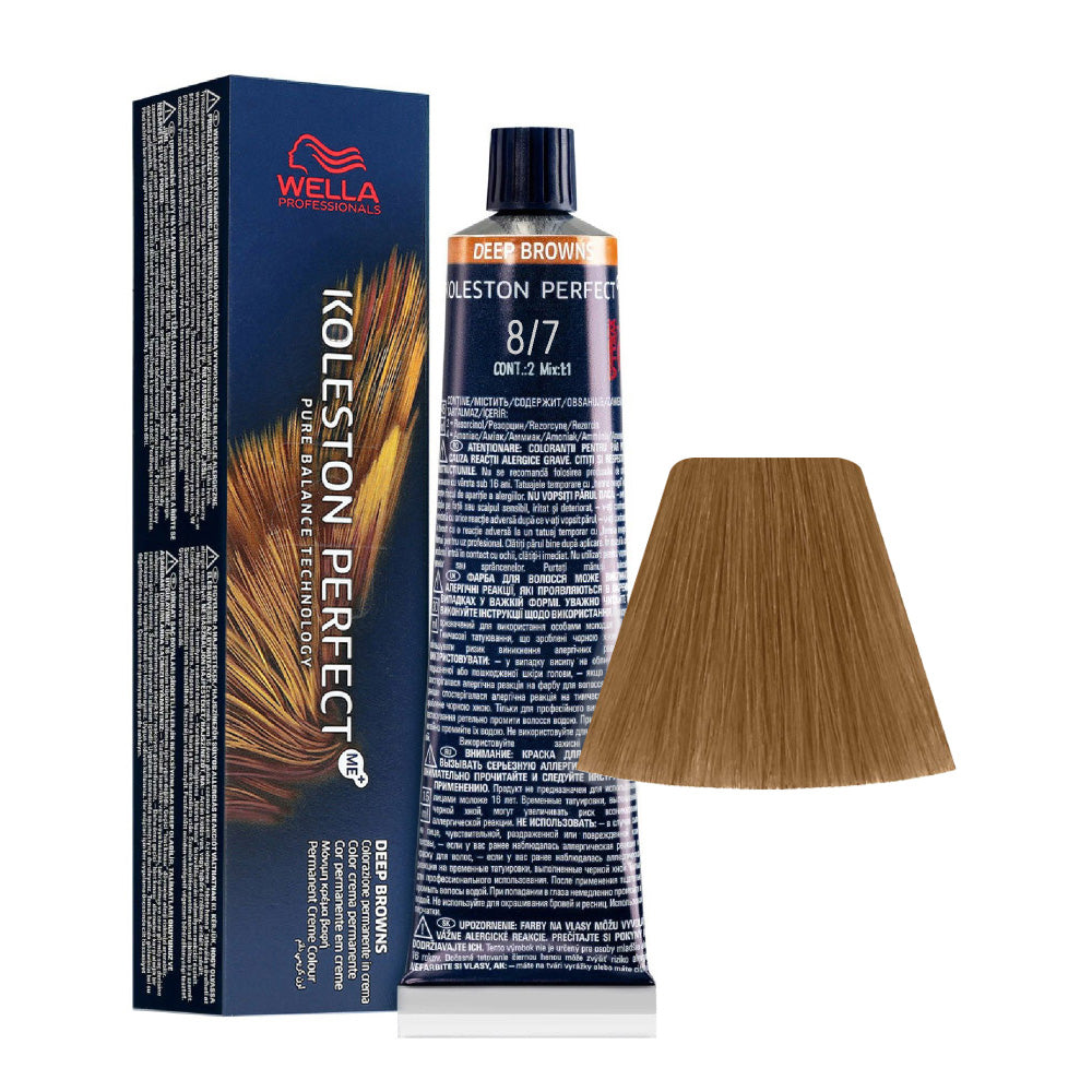Koleston Perfect ME+ Deep Browns 8/7 — tubo 60 ml e ciocca colore