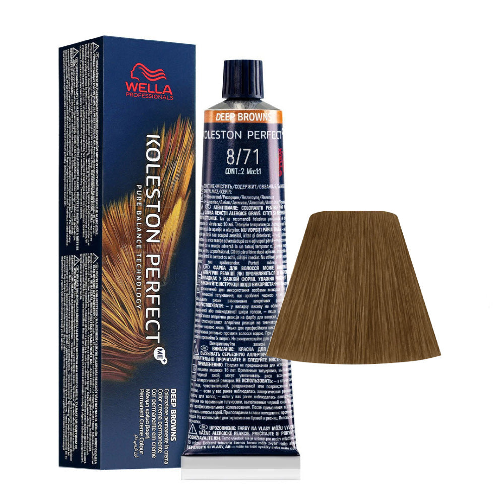 Koleston Perfect ME+ Deep Browns 8/71 — tubo 60 ml e ciocca colore