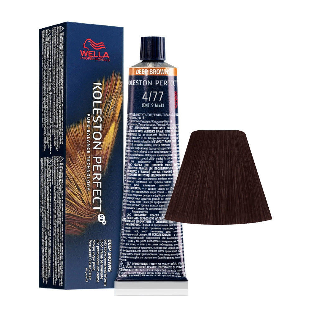 Koleston Perfect ME+ Deep Browns 4/77 — tubo 60 ml e ciocca colore