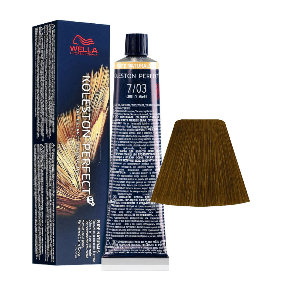 Koleston Perfect ME+ Pure Naturals 7/03 — tubo 60 ml e ciocca colore
