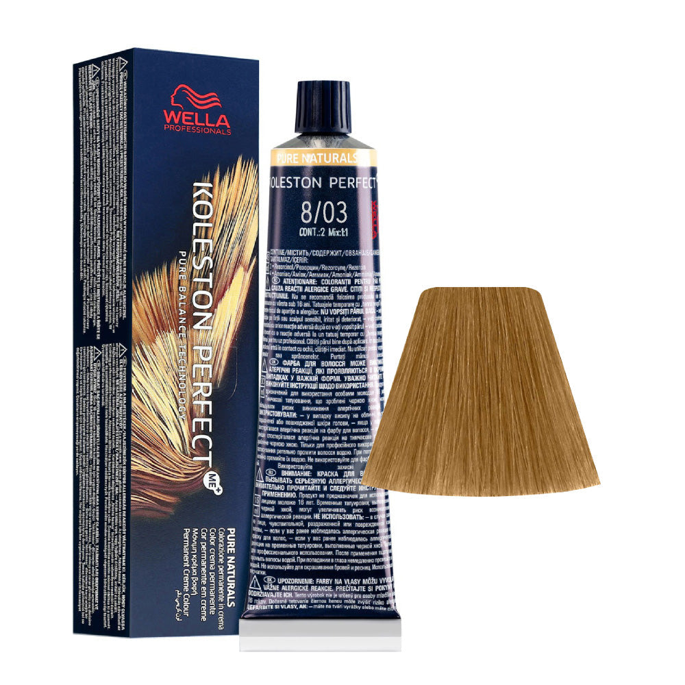 Koleston Perfect ME+ Pure Naturals 8/03 — tubo 60 ml e ciocca colore