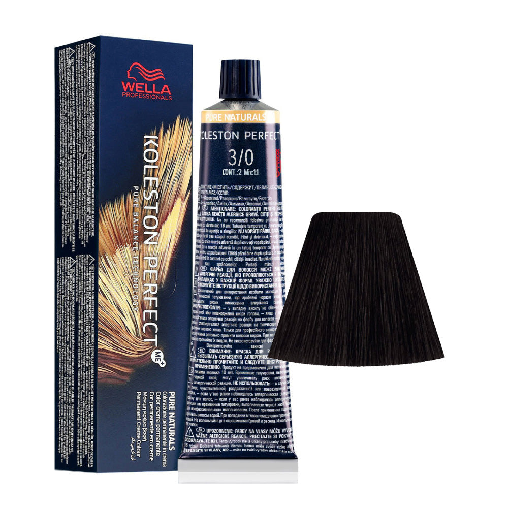 Koleston Perfect ME+ Pure Naturals 3/0 — tubo 60 ml e ciocca colore