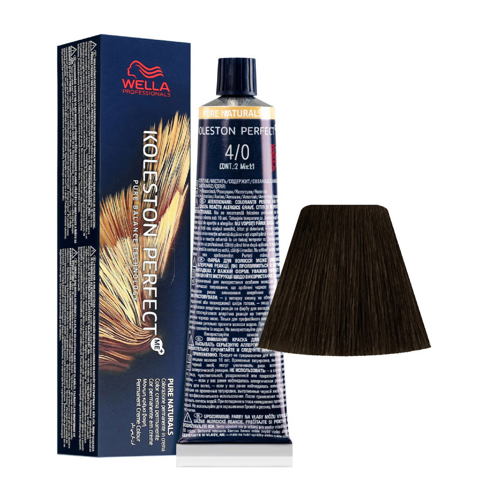 Koleston Perfect ME+ Pure Naturals 4/0 — tubo 60 ml e ciocca colore