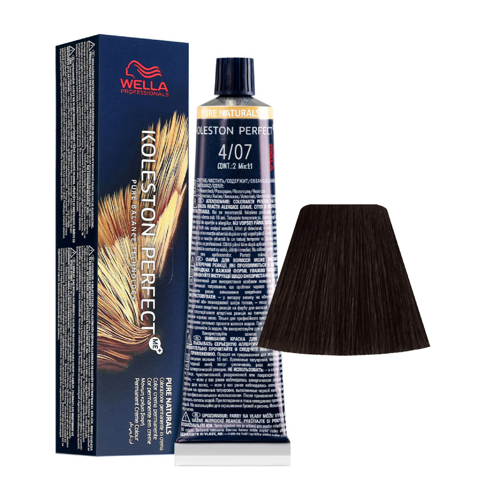 Koleston Perfect ME+ Pure Naturals 4/07 — tubo 60 ml e ciocca colore