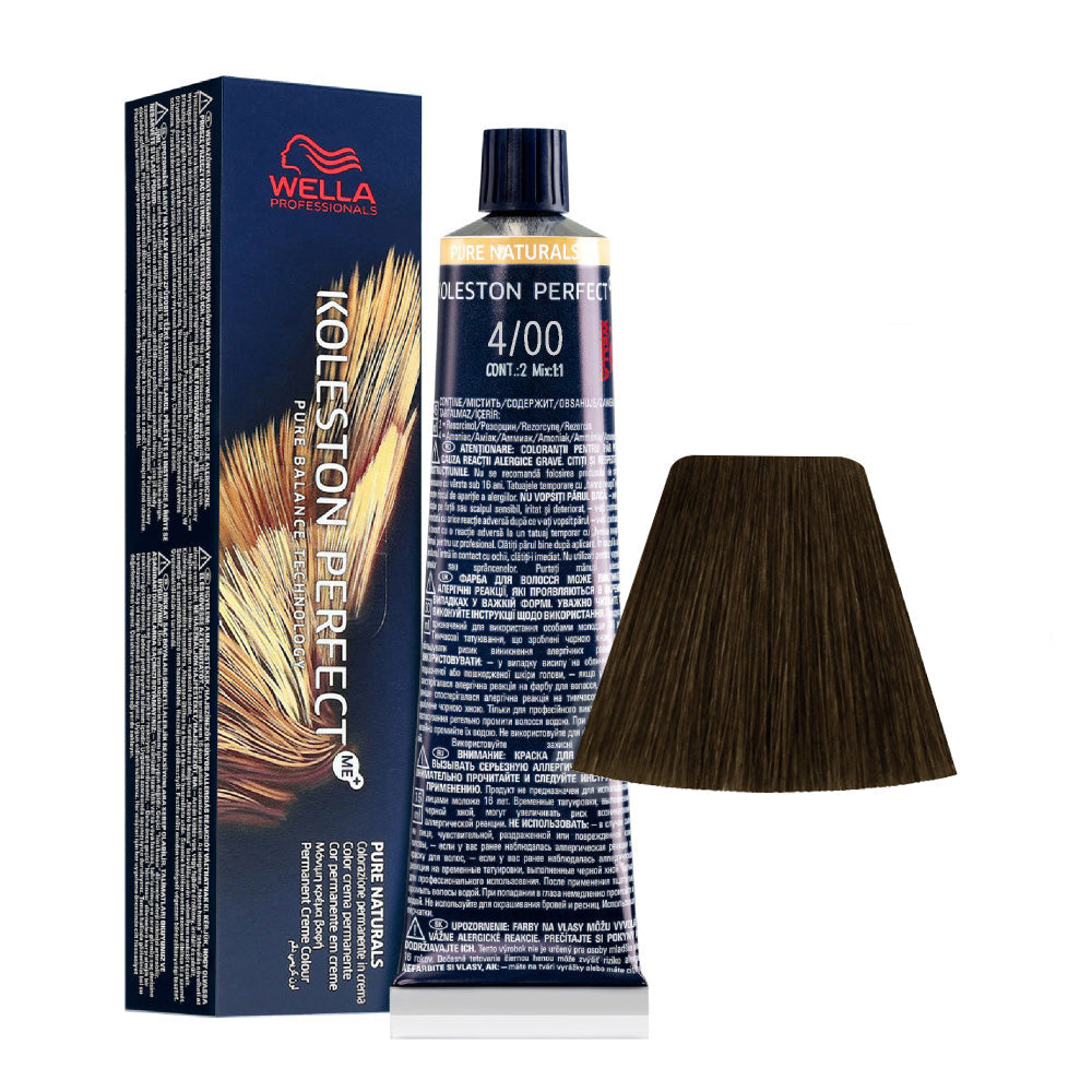 Koleston Perfect ME+ Pure Naturals 4/00 — tubo 60 ml e ciocca colore