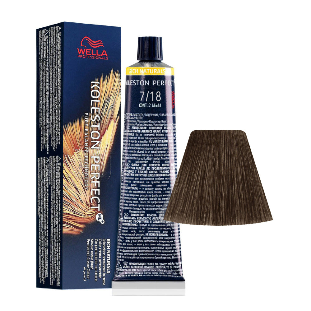 Koleston Perfect ME+ Rich Naturals 7/18 — tubo 60 ml e ciocca colore