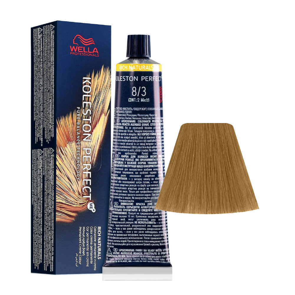 Koleston Perfect ME+ Rich Naturals 8/3 — tubo 60 ml e ciocca colore