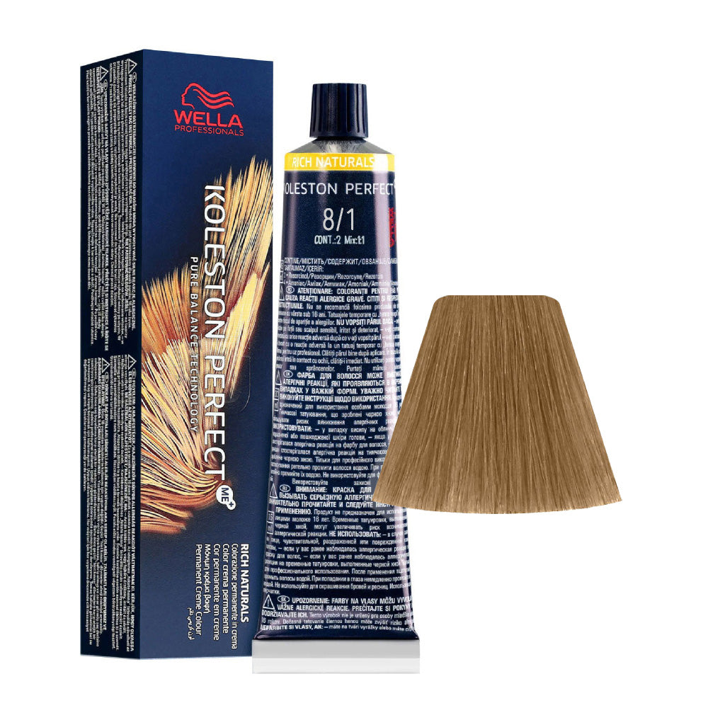 Koleston Perfect ME+ Rich Naturals 8/1 — tubo 60 ml e ciocca colore