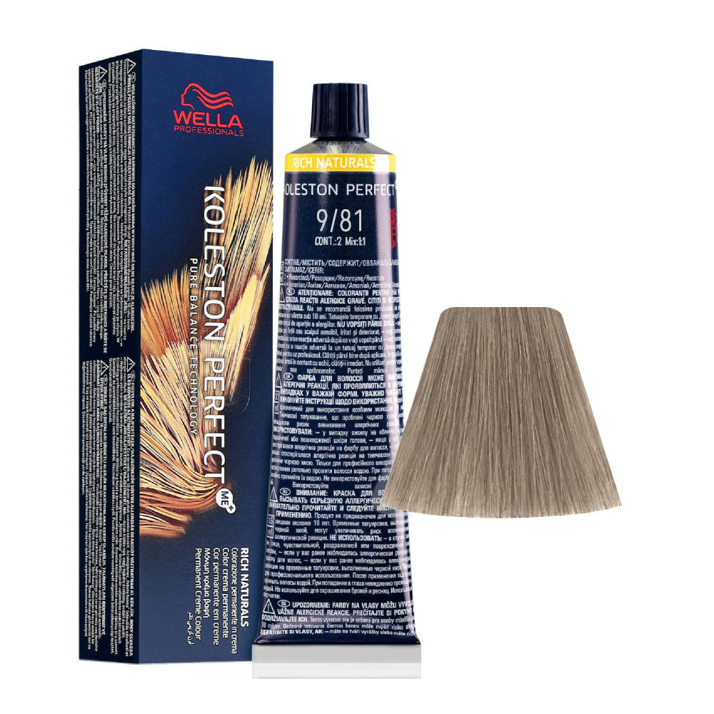 Koleston Perfect ME+ Rich Naturals 9/81 — tubo 60 ml e ciocca colore