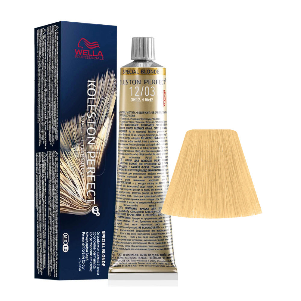 Koleston Perfect ME+ Special Blonde 12/03 — tubo 60 ml e ciocca colore
