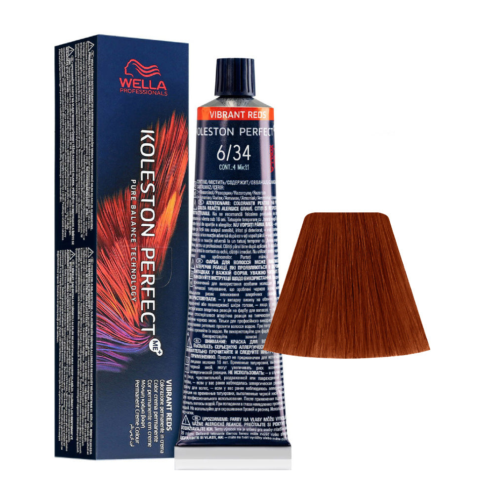 Koleston Perfect ME+ Vibrant Reds 6/34 — tubo 60 ml e ciocca colore