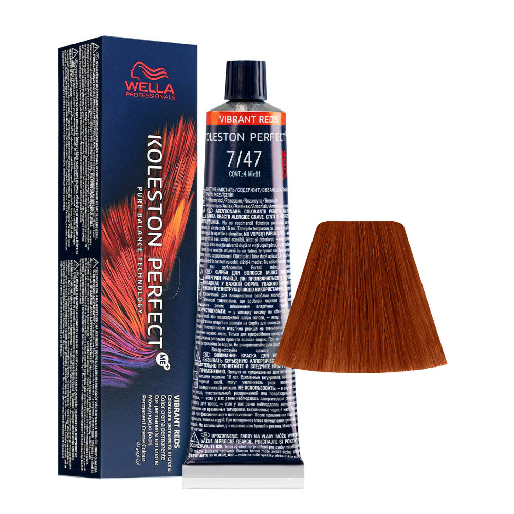 Koleston Perfect ME+ Vibrant Reds 7/47 — tubo 60 ml e ciocca colore