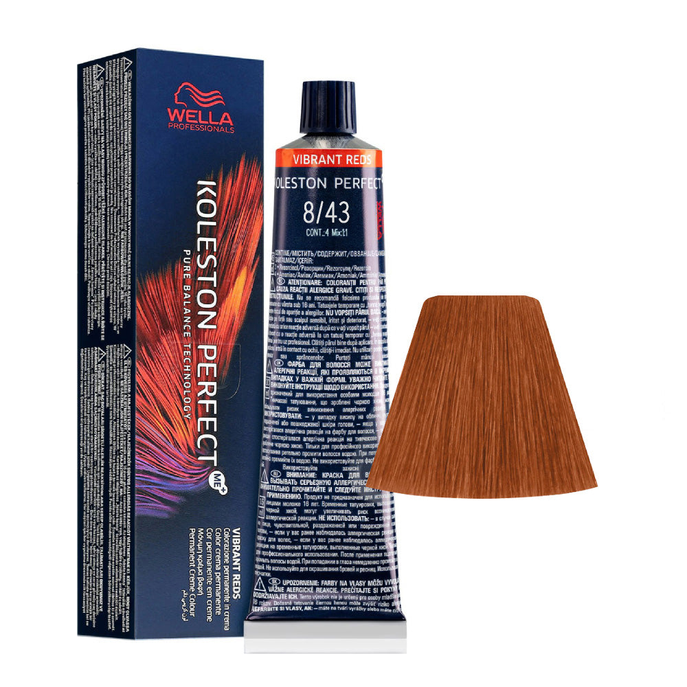 Koleston Perfect ME+ Vibrant Reds 8/43 — tubo 60 ml e ciocca colore