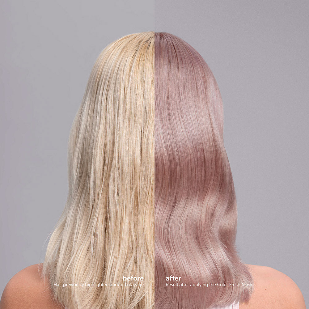 Prima e dopo l'applicazione della Color Fresh Mask Lilac Frost su base bionda