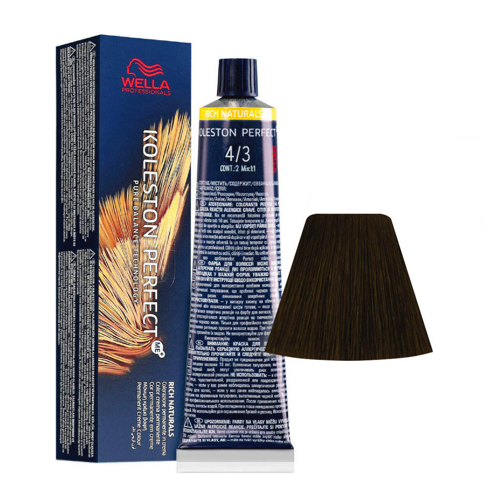 Koleston Perfect ME+ Rich Naturals 4/3 — tubo 60 ml e ciocca colore