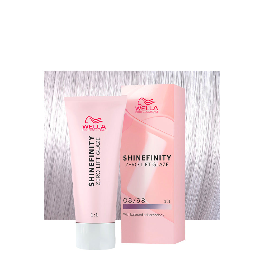 Wella Shinefinity Color Glaze 08/98 biondo chiaro cendré perla — tubo 60 ml e ciocca colorata