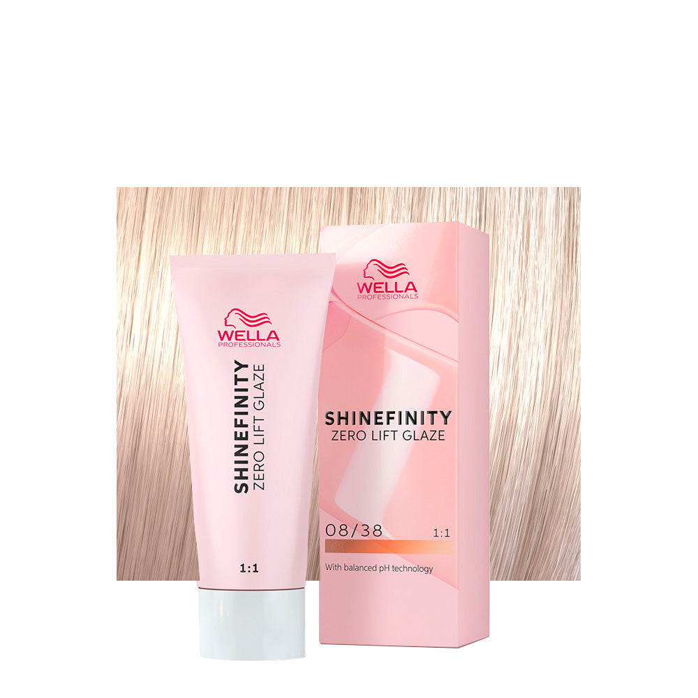 Wella Shinefinity Color Glaze 08/38 biondo chiaro dorato perla — tubo 60 ml e ciocca colorata