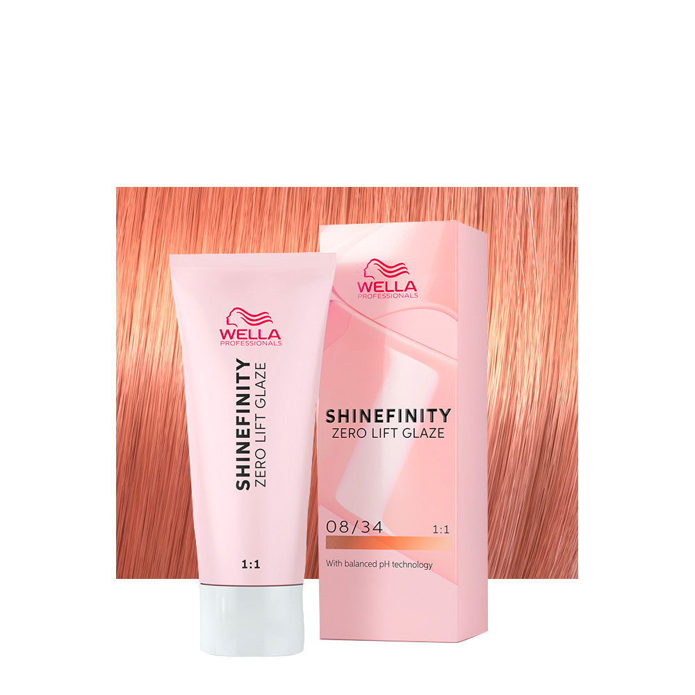 Wella Shinefinity Color Glaze 08/34 biondo chiaro dorato rame — tubo 60 ml e ciocca colorata