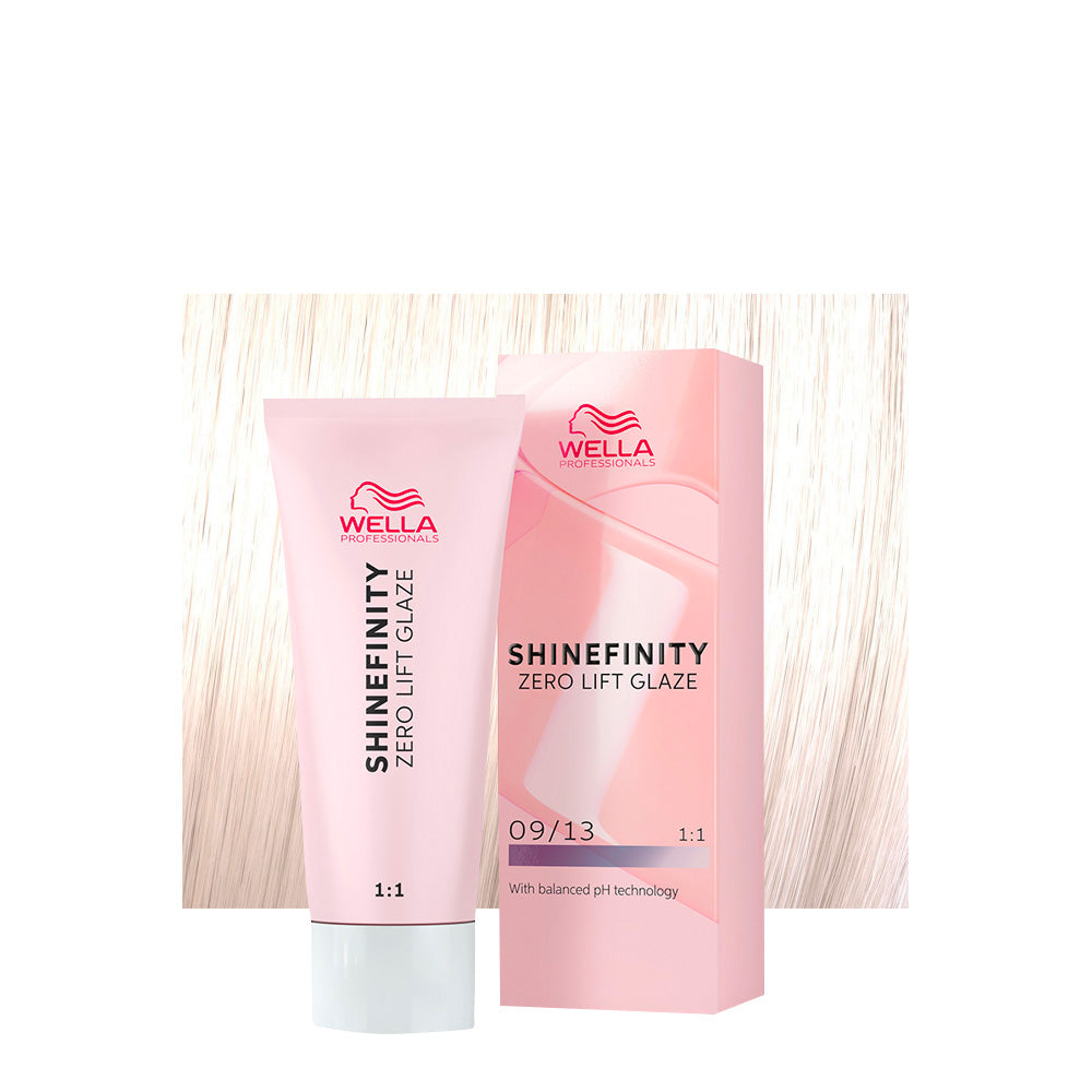 Wella Shinefinity Color Glaze 09/13 biondo chiarissimo cenere dorato — tubo 60 ml e ciocca colorata
