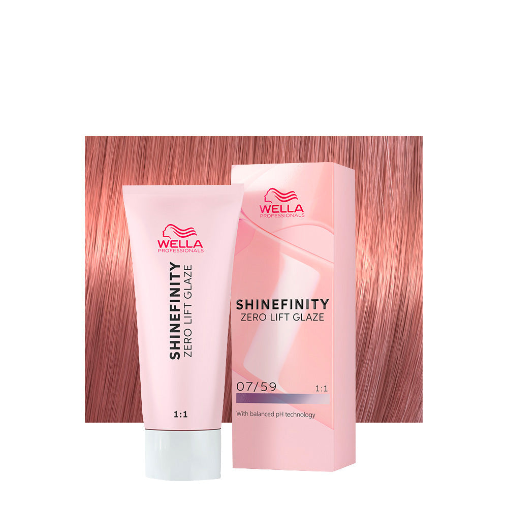 Wella Shinefinity Color Glaze 07/59 biondo medio mogano cenere — tubo 60 ml e ciocca colorata
