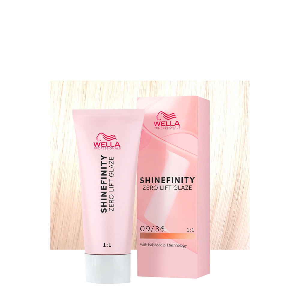 Wella Shinefinity Color Glaze 09/36 biondo chiarissimo dorato violetto — tubo 60 ml e ciocca colorata