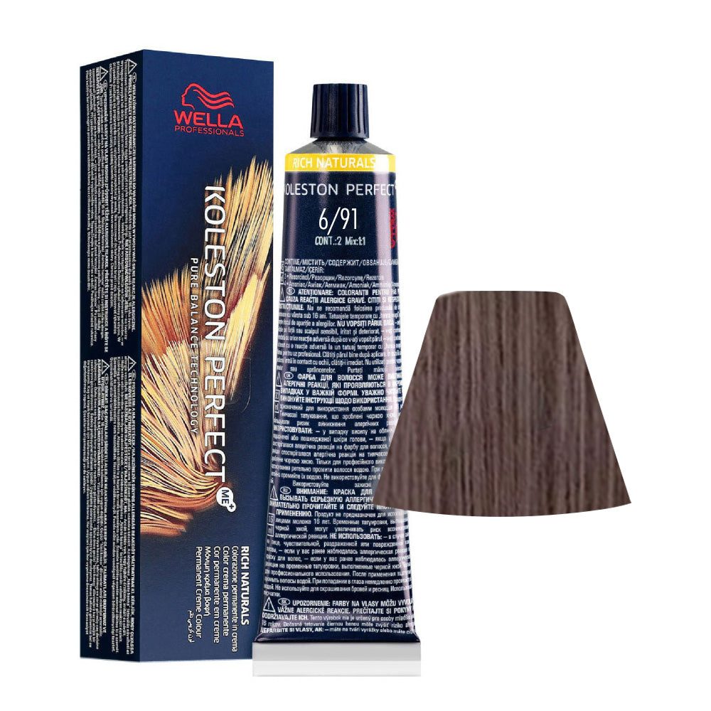 Koleston Perfect ME+ Rich Naturals 6/91 — tubo 60 ml e ciocca colore