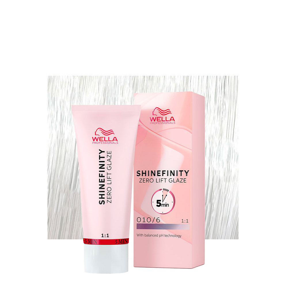 Wella Shinefinity Color Glaze 010/6 biondo platino violetto — tubo 60 ml e ciocca colorata