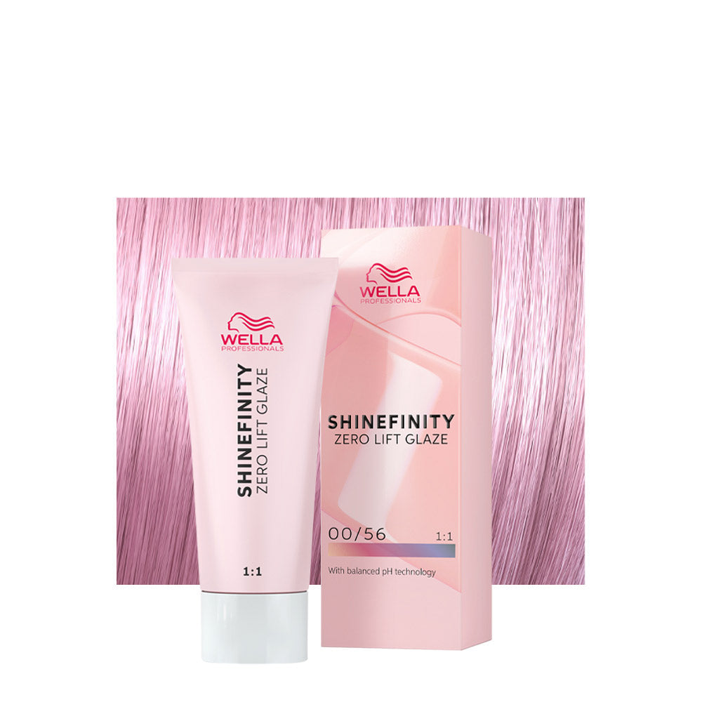 Wella Shinefinity Color Glaze 00/56 rosa (mogano violetto) — tubo 60 ml e ciocca colorata
