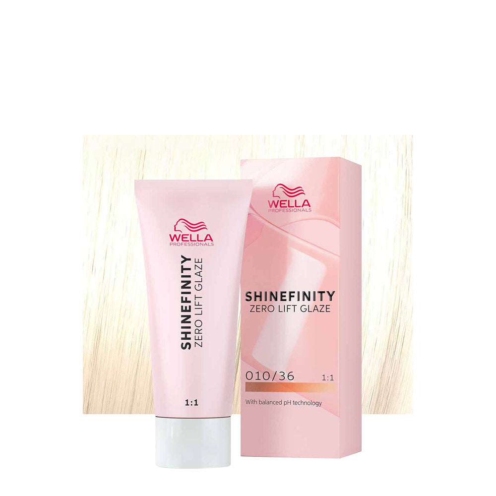 Wella Shinefinity Color Glaze 010/36 biondo platino dorato violetto — tubo 60 ml e ciocca colorata
