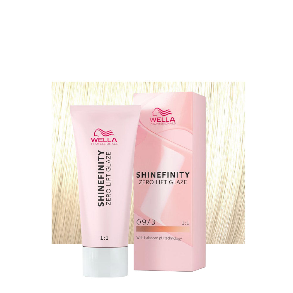 Wella Shinefinity Color Glaze 09/3 biondo chiarissimo dorato — tubo 60 ml e ciocca colorata